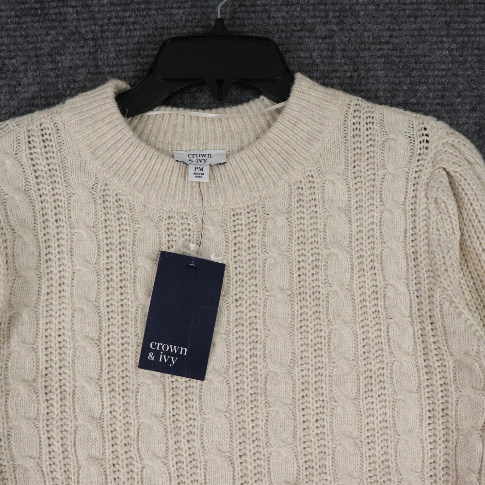 Crown & Ivy Cable Knit Sweater Womens PM Puff Sleeve Oatmeal Heather Casual - Picture 2 of 9